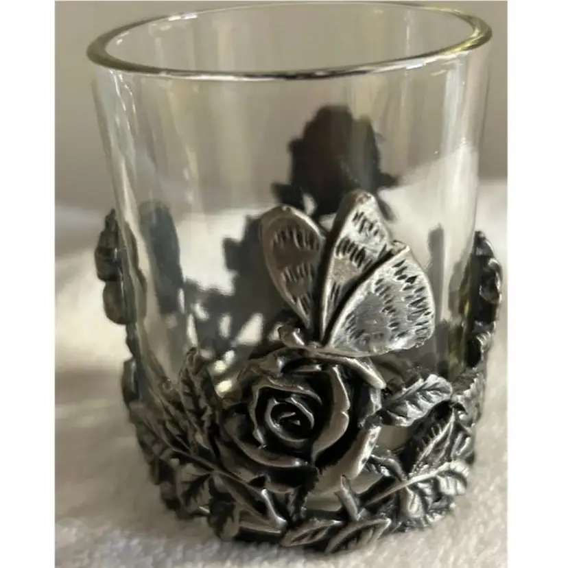 Vintage Pewter Rose and Butterfly Votive Cup