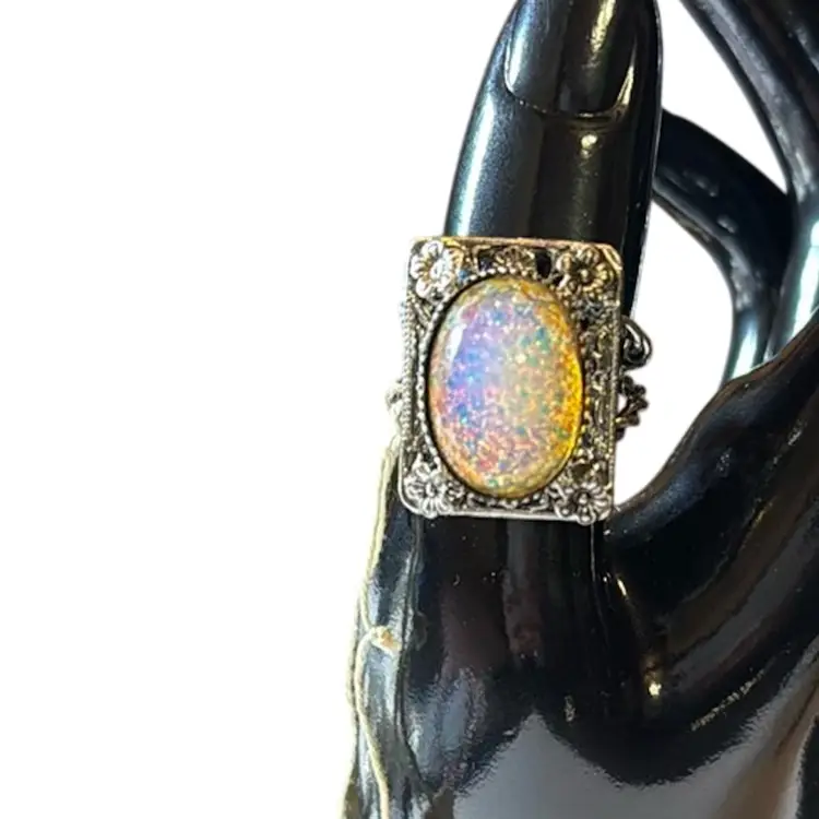 Vintage Silvertone Made In Czechoslovakia Filigree Floral & Dragons Breath Opal Cabochon - Adjustable