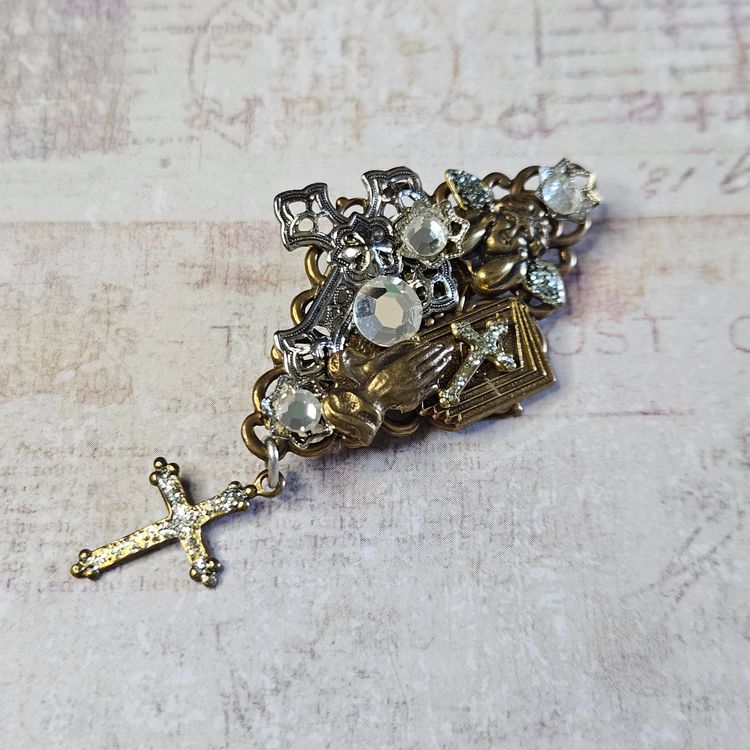 OOAK RELIGIOUS BROOCH CROSS ANGEL