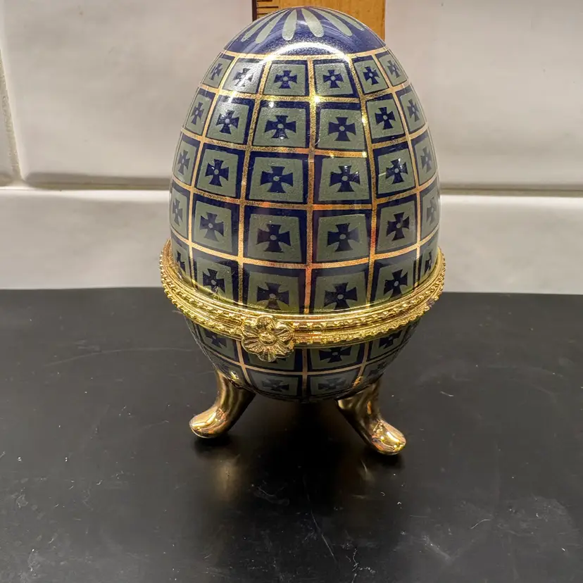 Russian Style Egg Trinket Box Porcelain Hinged Footed Blue Gold