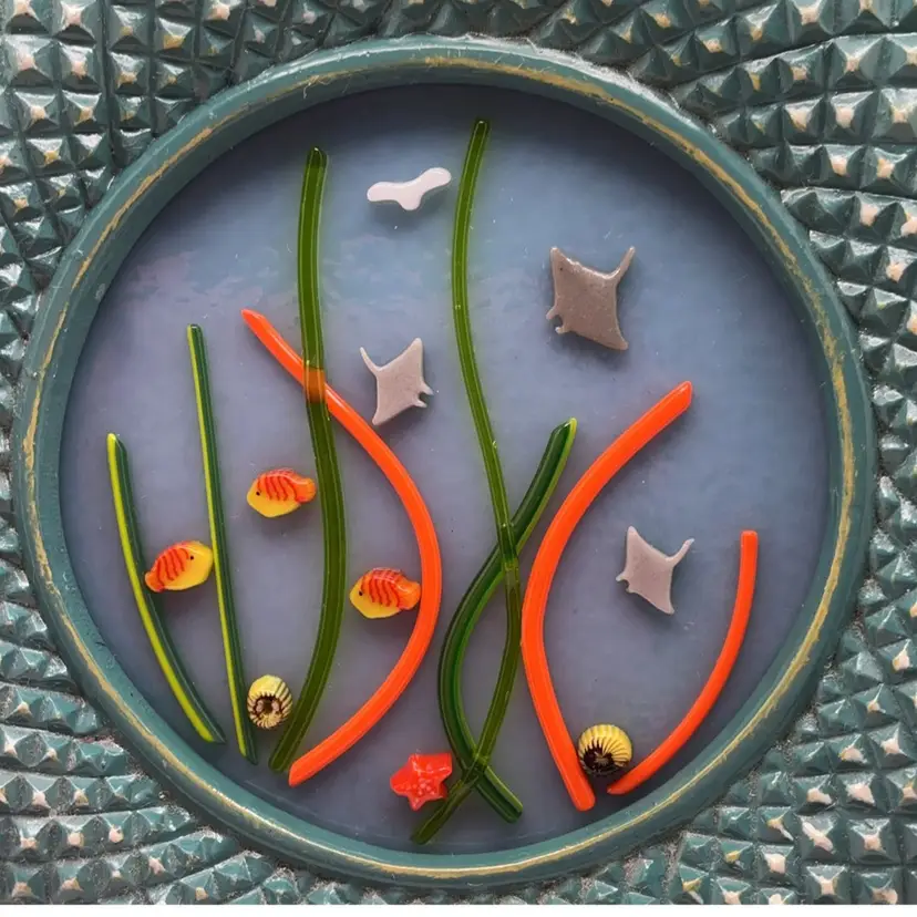 Made by Me! Fused Glass Framed with 3D Ocean Theme Manta Rays 7"D Handcrafted Studio Art