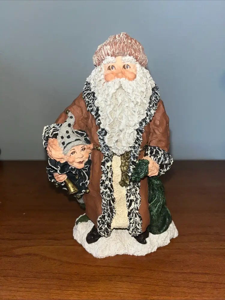 Vintage June McKenna Flat Back Santa Figurine 1995 "Santa & His Lil Helper" 5.5"