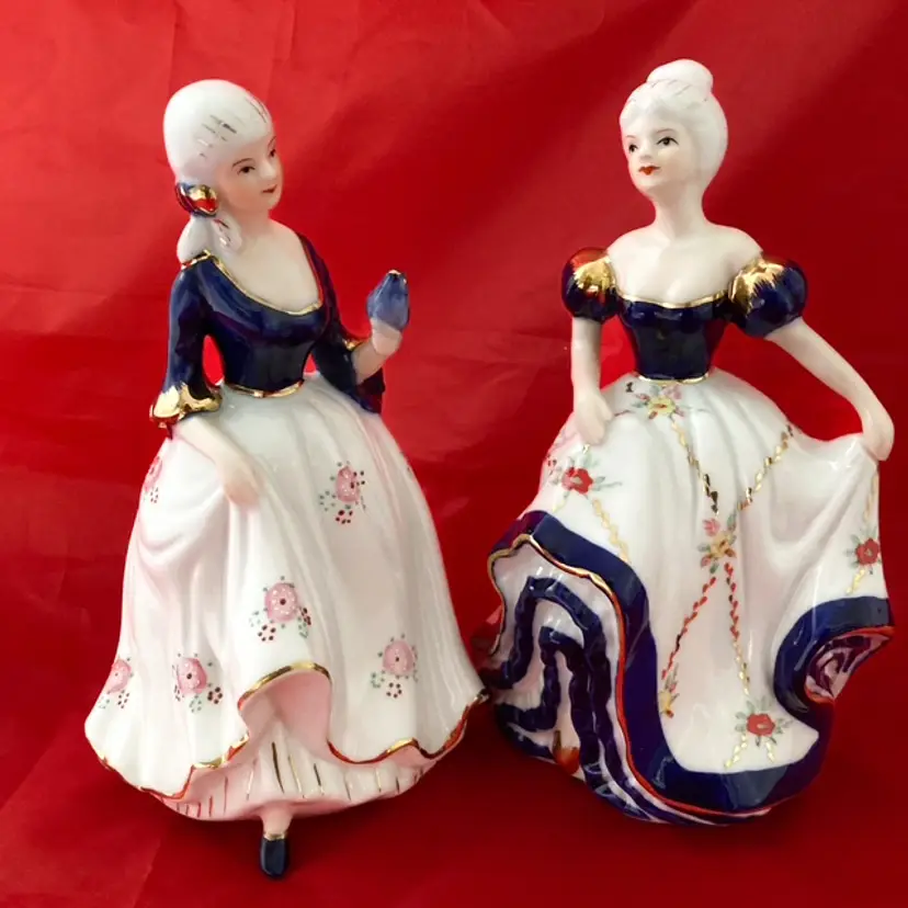Gilded German Porcelain Lady Figurine Pair Floral Ruffle Skirts Bluebird  VTG