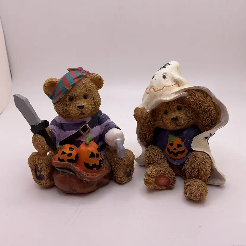ODD Two Bear Figurines in Halloween Costumes Ghost & Pirate 3”