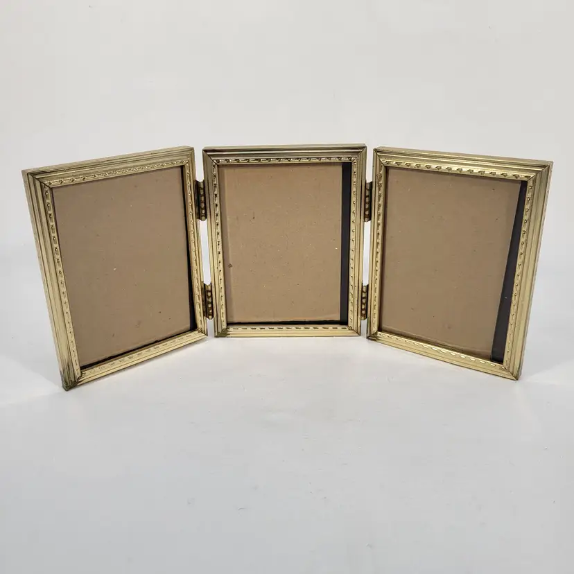 Tri-Fold Triple Hinged Picture Photo Frame Brass Hinged 3x4 MCM Vintage Brass Bel Ornate Design India