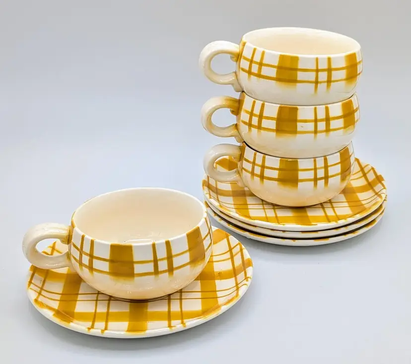 Fan Fair MCM 1950's Yellow Plaid Pattern Stoneware by Sovereign Potters Cups And Saucers Set of 4