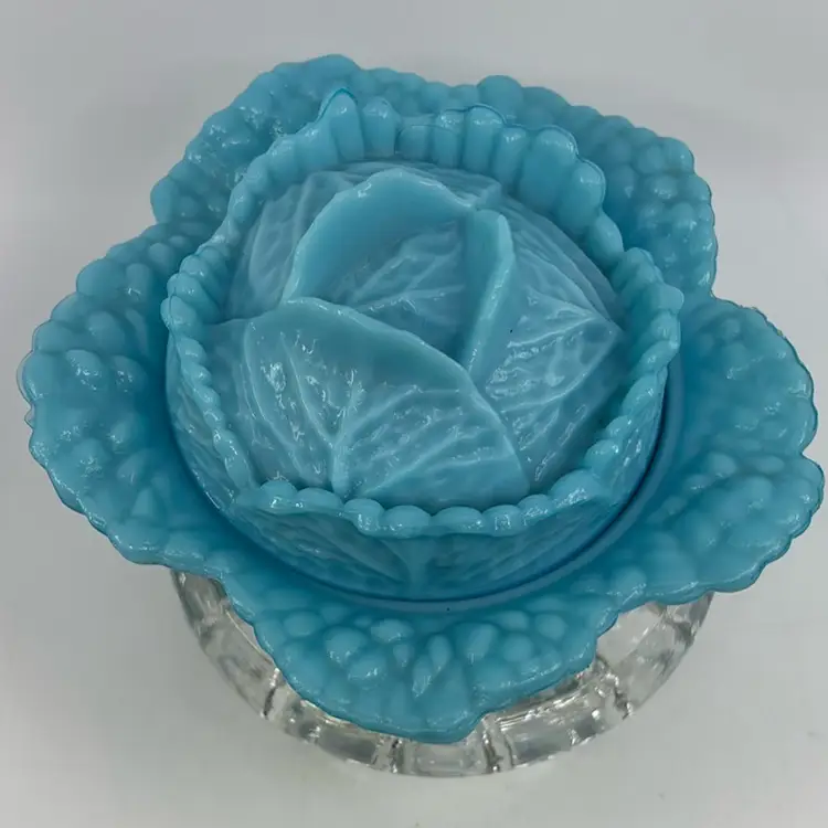 Porteiux Vallerysthal Antique Blue Opaline Cabbage Leaf Covered Dish 6.5Dia 4.25H