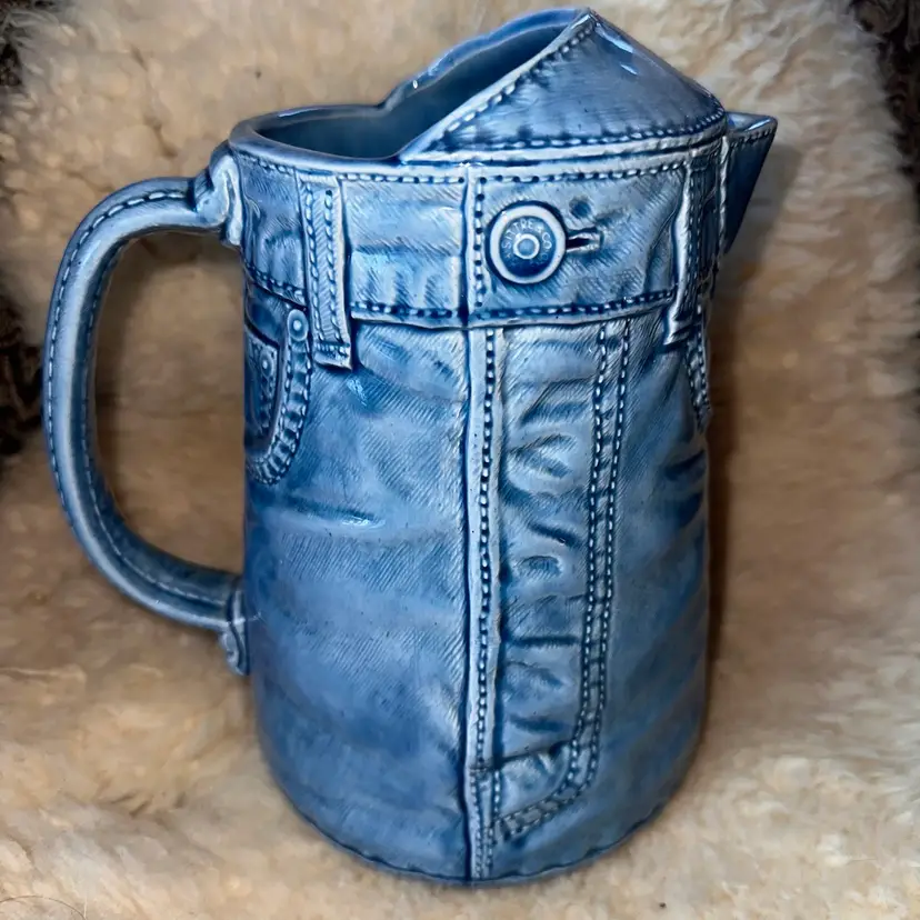 Vintage 1978 Sittre Ceramic Prod Mold Hand Painted Ceramic Blue Jeans Pitcher Signed And Dated