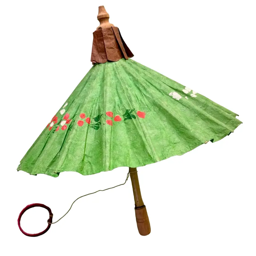 Green & Red Floral Vintage Paper And Wood Parasol 15”