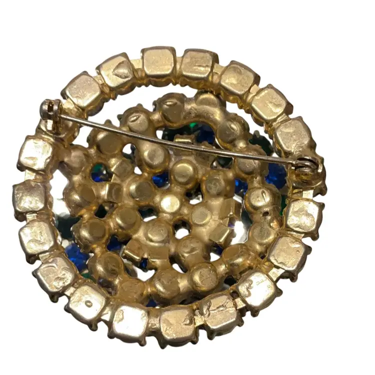 Domed Brooch In Blue And Green Rhinestones