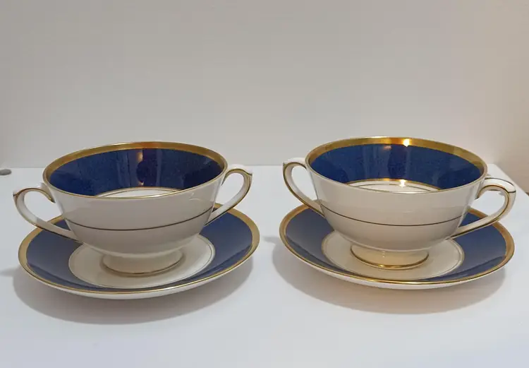Pair Of CoalPort Bone China Athlone Blue Soup Bowl And Saucers
