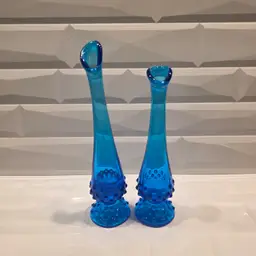 Vintage Pair Fenton Bud Vases- Fenton Glass Blue Hobnail Swung Bud Vase