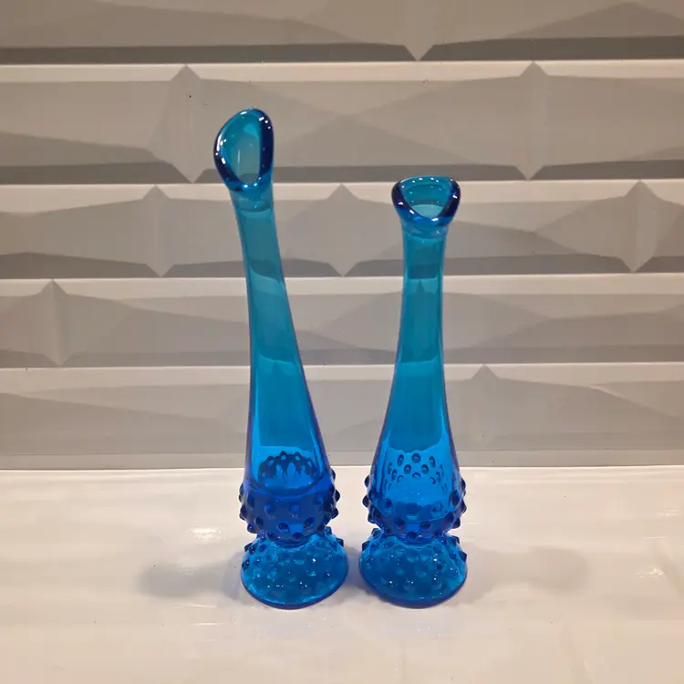 Vintage Pair Fenton Bud Vases- Fenton Glass Blue Hobnail Swung Bud Vase