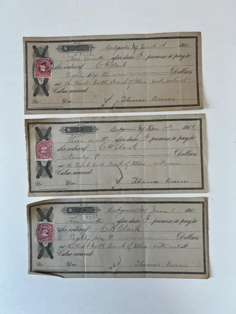 Antique Promissory Notes. 1914-1915 . Payment Received Ephemera First National Bank Utica NY