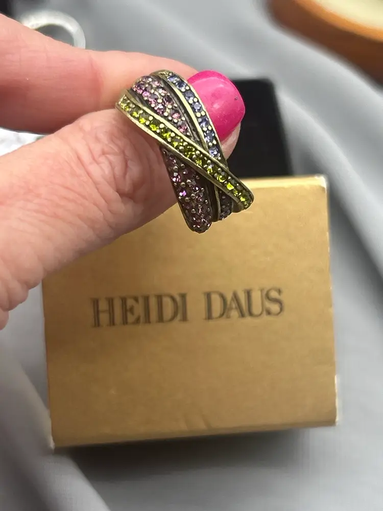 Promise. Collection – Heidi Daus Signed Multi-Color Rhinestone Crossover Statement Ring Size 12 | Gold Tone Designer Costume Jewelry
