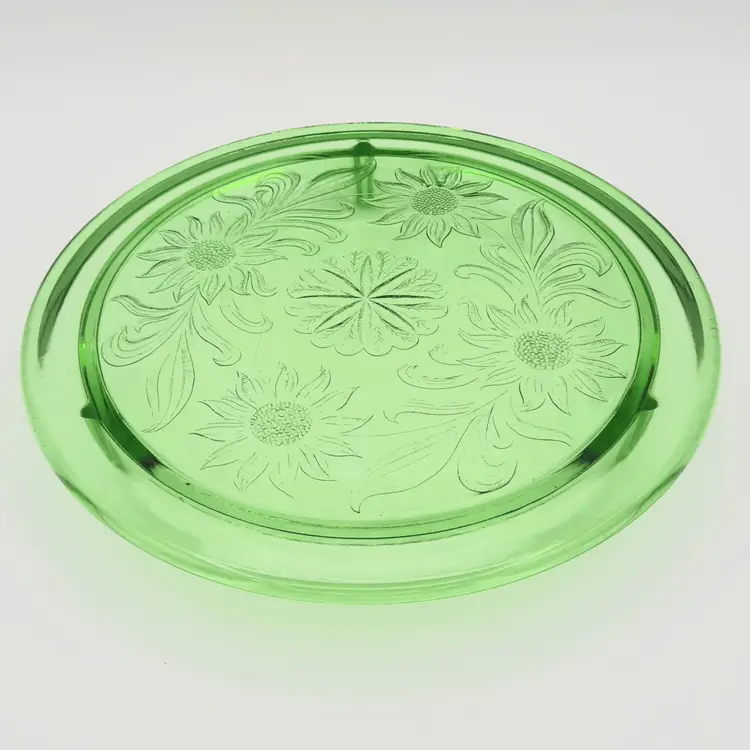 Jeanette Glass Sunflower Cake Plate Green Uranium Glowy Glass