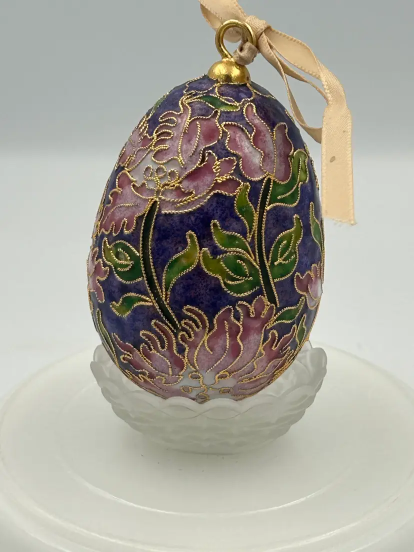 Cloisonné Decorative Easter Egg, Floral Design, Pinks Purples Greens