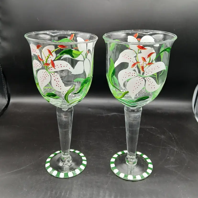 Pair of Hand-Painted Floral Wine Goblets, Heavy Glass, Lilies