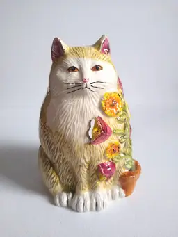 Nantucket Home Cat Candle Tealight Holder Hand Painted Floral Design LOVELY!