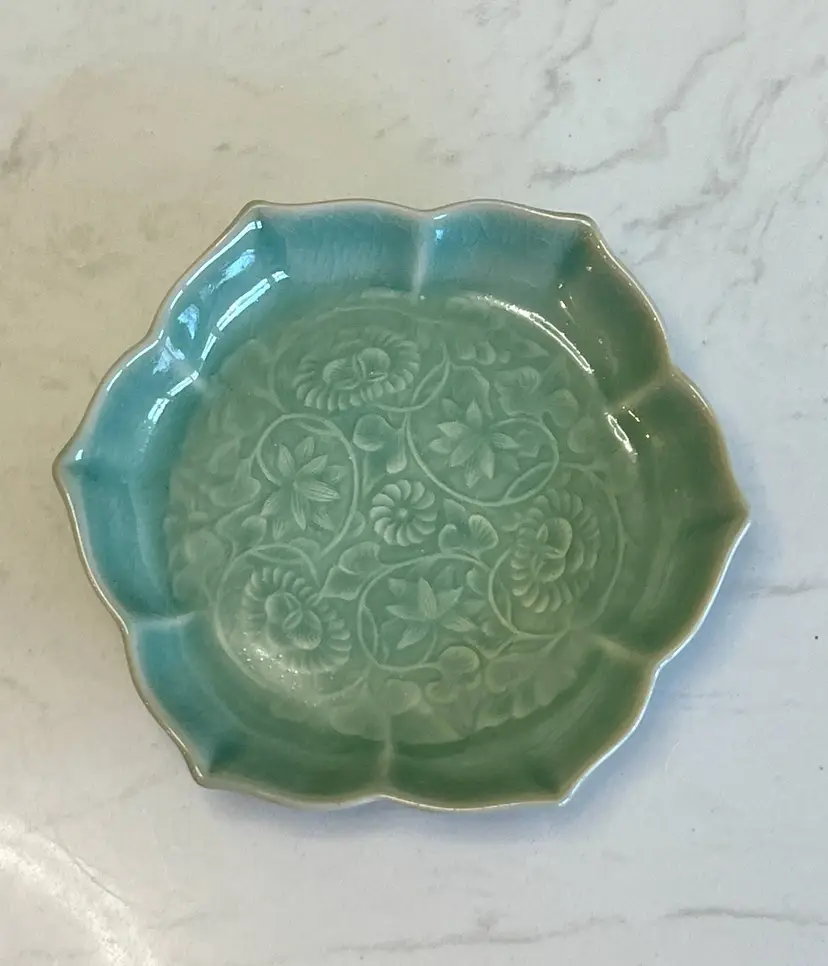 Celadon Trinket Dish Bowl Green Floral Crackle Glaze Scalloped Edge Pottery