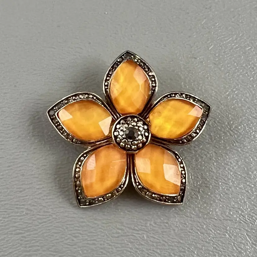 Floral Flower Brooch Pin Orange Faceted Rhinestones 1.75" Daisy Silver Tone