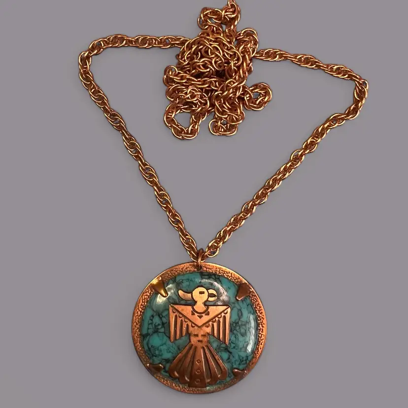 Vintage Mid Century Modern MCM Tribal Thunderbird Copper Necklace 29” + 1.75” Pendant
