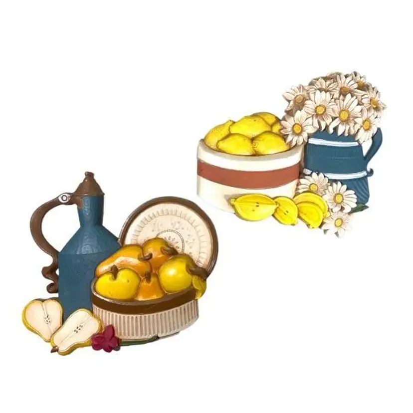 Vintage Homeco Syroce Lemons & Daisy and Apples & Pears Wall Plaque Set 7610 - Set of 2