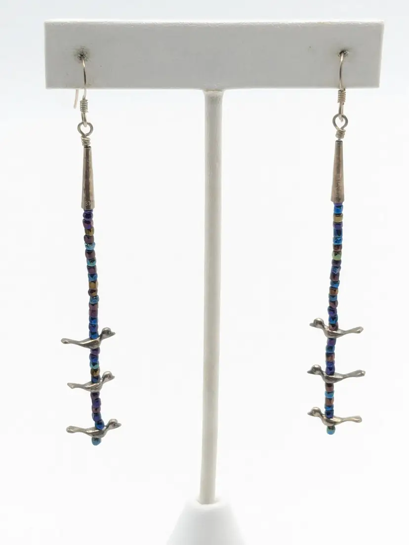 Vintage Sterling Silver Fetish Birds Beads Pierced earrings Southwest Jewelry