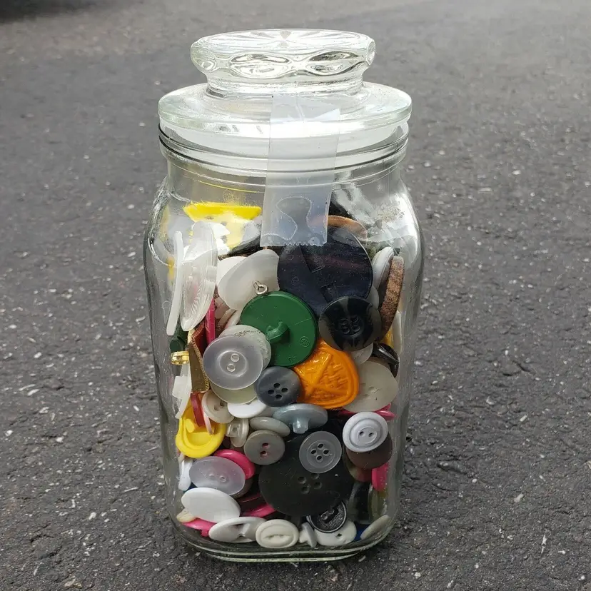 Mixed Lot of Buttons in Glass Jar Assorted Materials Design Styles Sizes Vintage