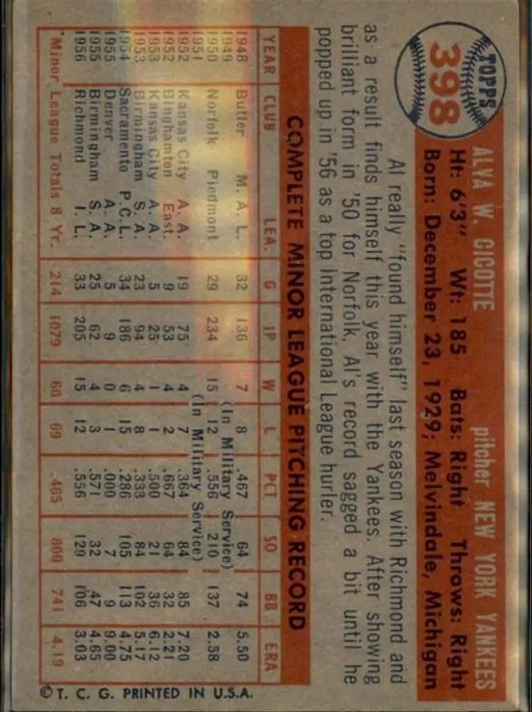 1957 Topps #398 Al Cicotte - ( pk1 ) - New York Yankees