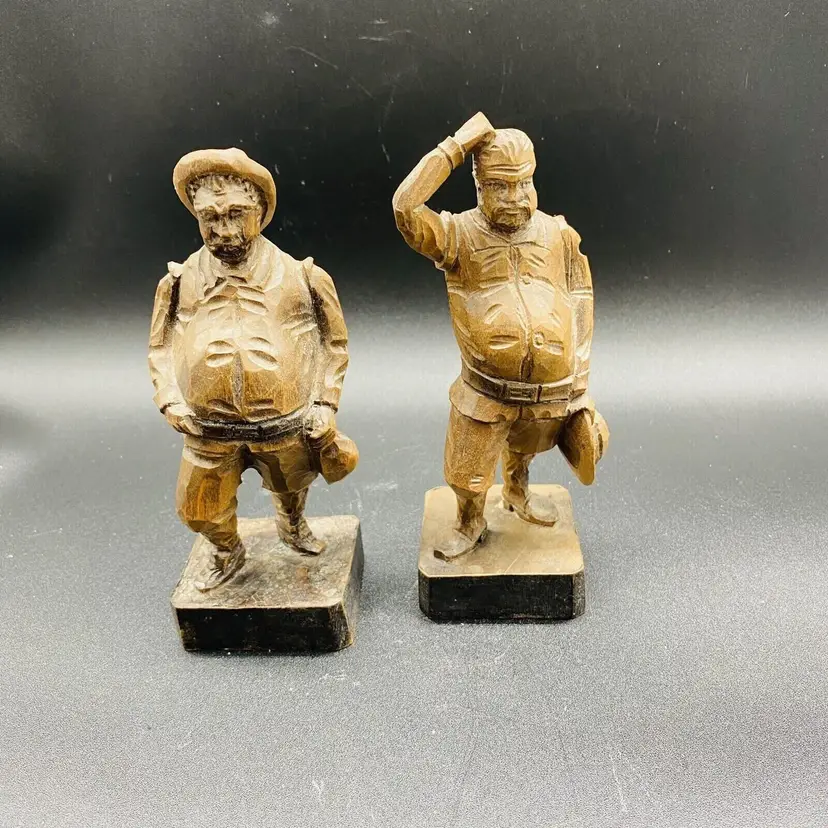 #1427 WOOD Vintage Handmade Wood Carving Big Tummy Duo Primitive Collectible Folk Art Men