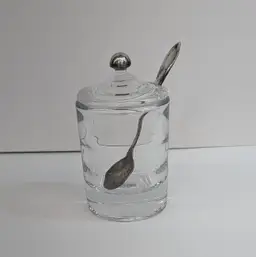 Vintage Heisey Glass Saturn Clear Mustard Jar Jam Pot Sterling Silver Spoon