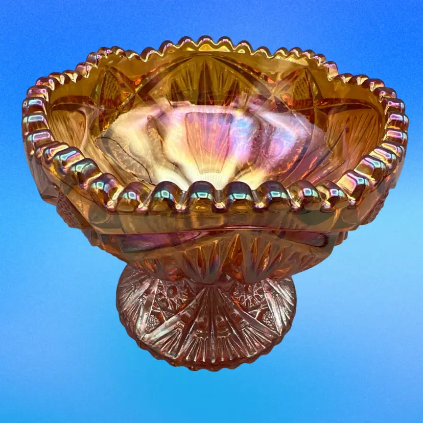 Vintage Imperial Carnival Glass Hobstar Marigold Pedestal Compote Candy Dish
