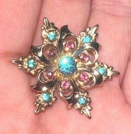 Gold Tone Blue & Pink Rhinestone Flower Brooch Pin 1 1/4” Diam.
