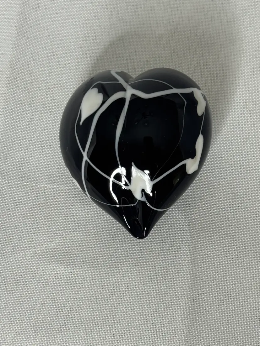 Heart Shaped Art Glass Paperweight Black Glass With Hearts And Strings Pattern