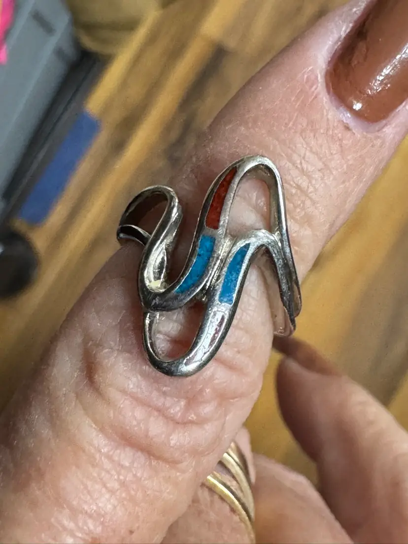 Turquoise and Coral Sterling Ring 4-5