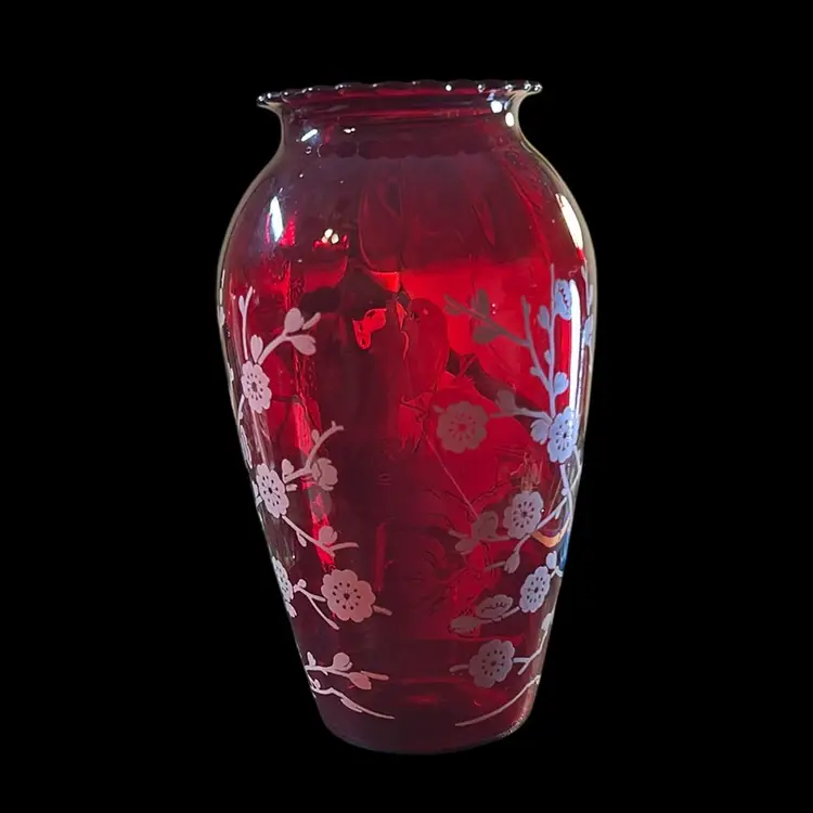 Vintage anchor hocking, royal ruby red glass vase birds in nest tree flowers