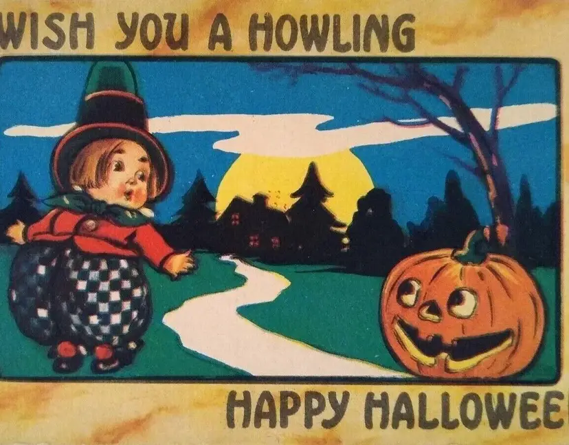 Halloween Postcard Bergman Witch Girl Full Moon JOL Pumpkin Fantasy Series 9086