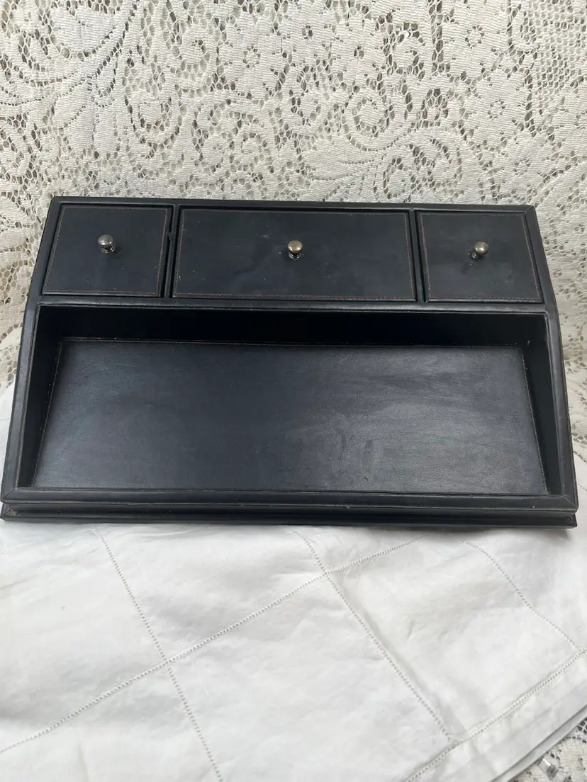 #02 Restoration Hardware Dark, Brown Leather Valet/Desk Organizer, Three Covered Compartments, One Open Compartment, Brass Knobs 14.25" X 9.25" X 2.5"