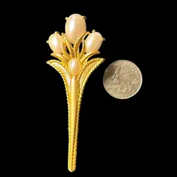 Vintage Park Lane Gold Tone And Faux Pearl Long Decorative Vase With Flowers.