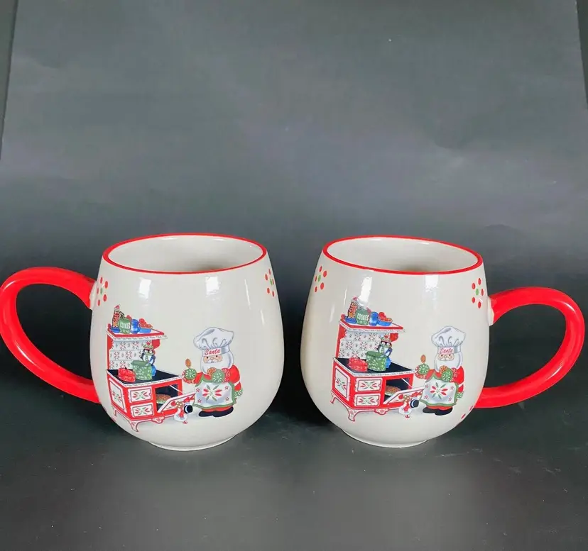 *NEW OUT OF BOX* Temptations Whimsy Christmas Theme Mugs, Red Handles, Set of 2