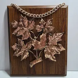 Vintage Copper Maple Leaf 3D Wall Art On Wood Plaque With Chain Hanger Made In Canada By A&J