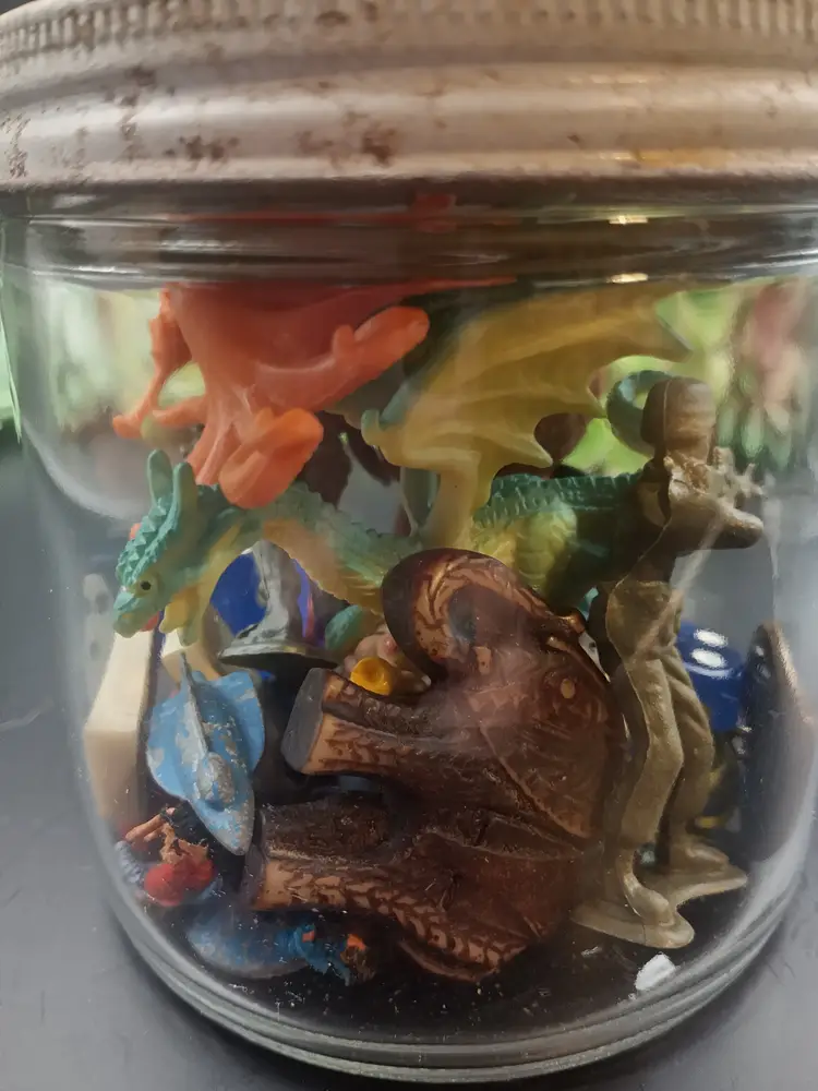 Vintage Jar Full of Trinkets/Miniatures/ Mini Miniatures/ Miniature Lot for Your Trinket Shelf.