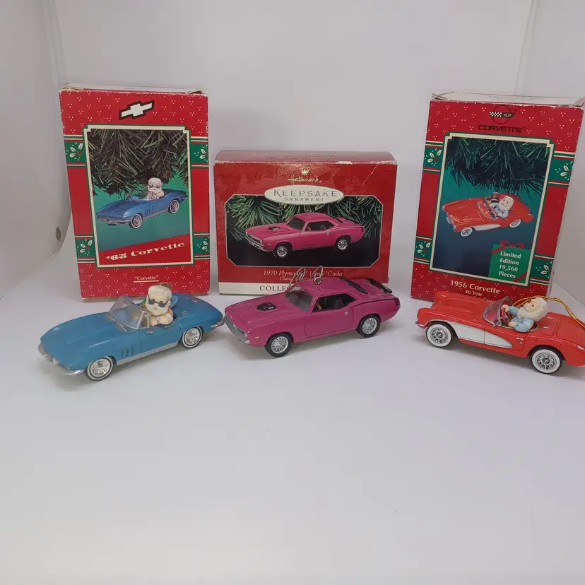 Vintage Car ornaments '65 Corvette, '70 Plymouth Hemi Cuda,  '56 Corvette