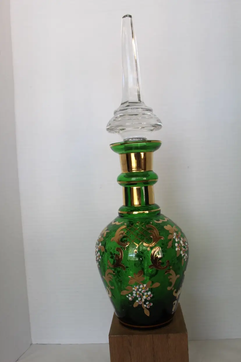 RARE Antique German Bohemian Bottle Green Glass Hand Painted Gold Trim Decanter