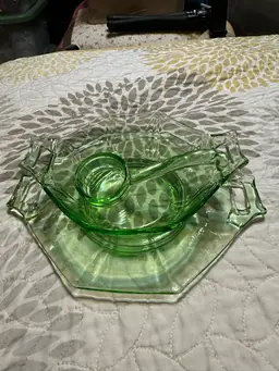 Uranium Green Depression Glass Mayonnaise Set With Spoon