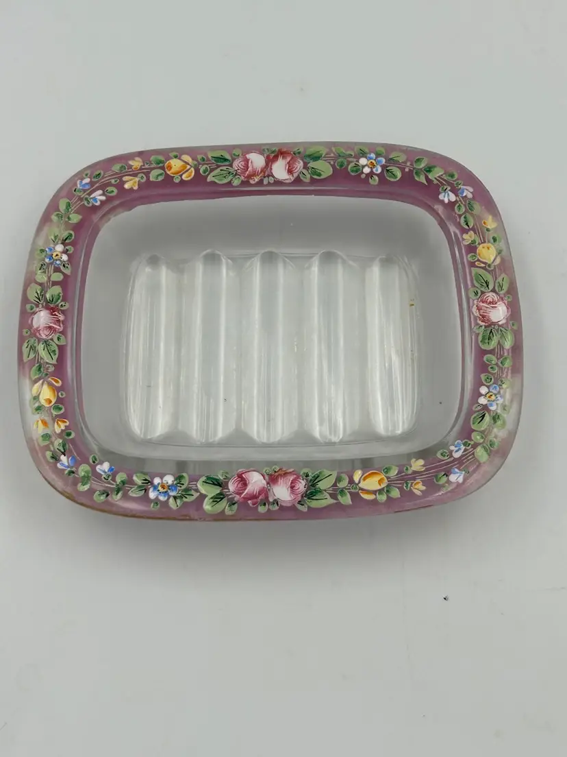 Vintage Clear Glass SoapDish, Hand Painted Pink Edge And Bright Colored Florals
