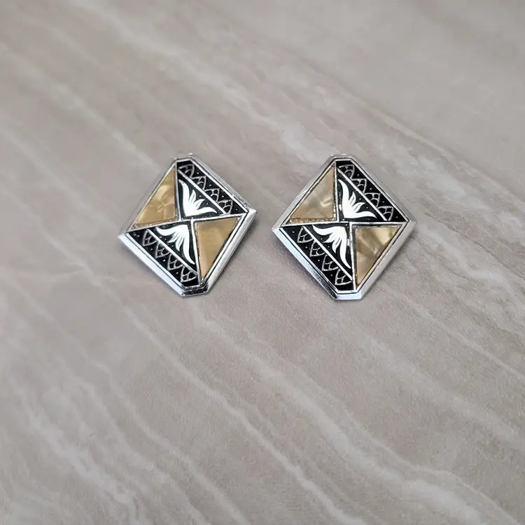 Vintage Clip On Earrings Silver Tone with Dark Beige Mother of Pearl 1 & 3/8"