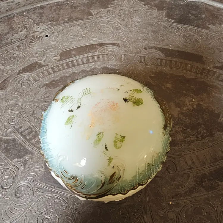 Antique Milk Glass Round Trinket Box Hand Painted Floral & Scrolls Vanity Powder Jar