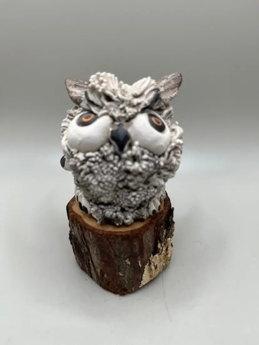 Vintage Art Clay Pottery Owl Spaghetti Sculpture On Old Wood